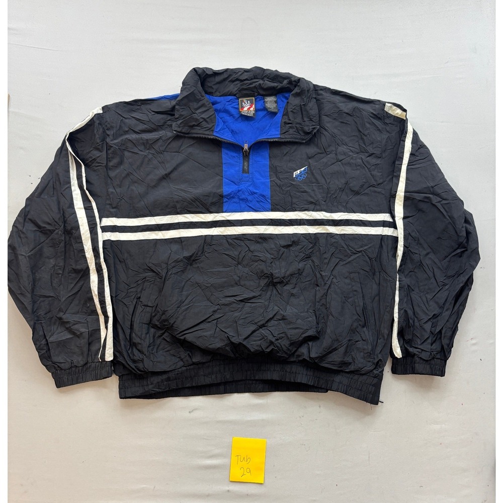 Vintage USA Olympic JCPenney Windbreaker Jacket Black Blue 1/4 Zip Mens Large